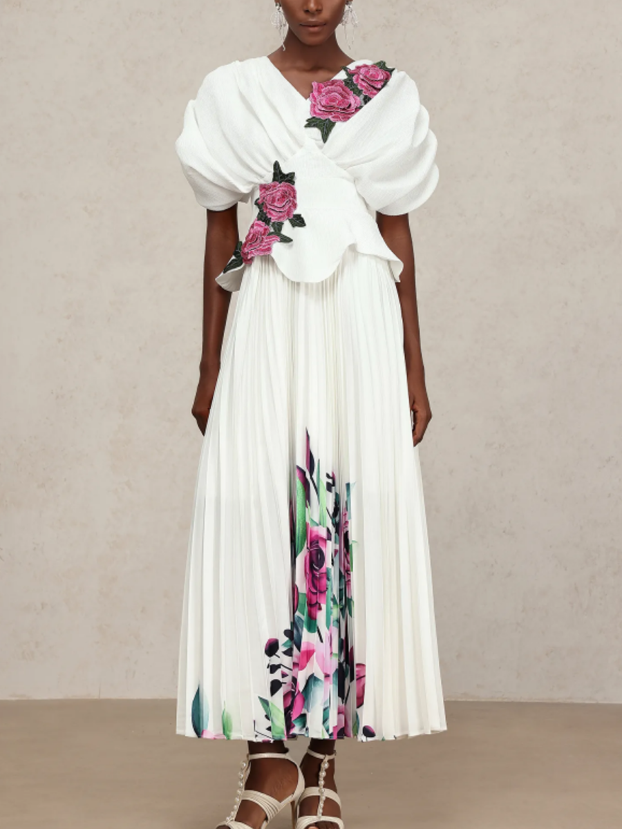 Pleated Embroidered Printed Dress