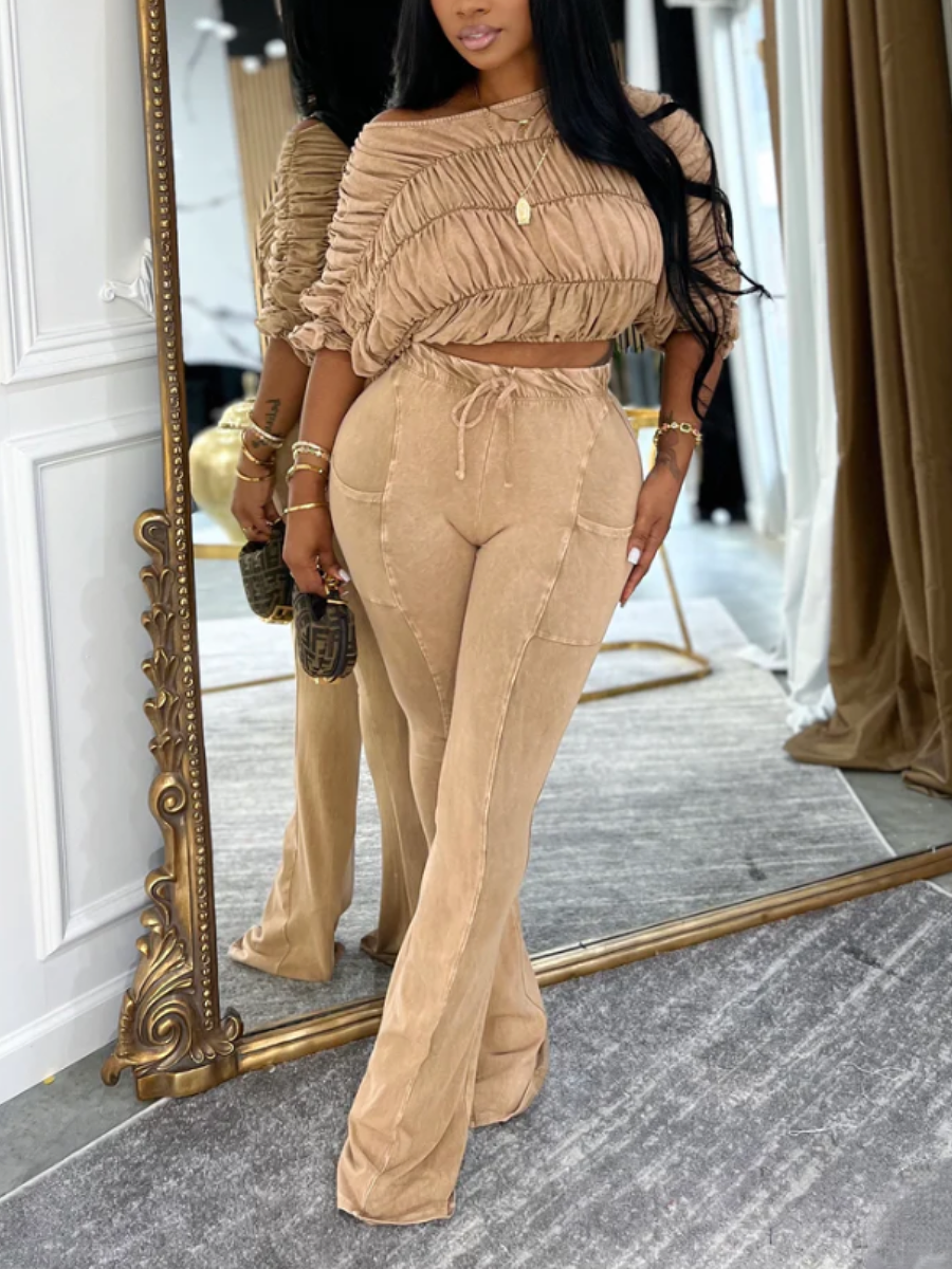 Pleated Cropped Top Flared Pants Suit