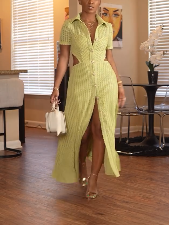 Yellow Button Slit Maxi Dress