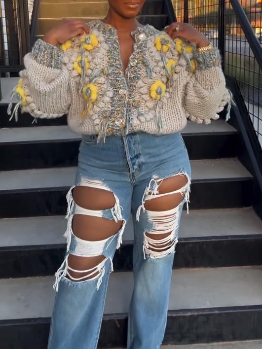 Yellow Flower Knit Top