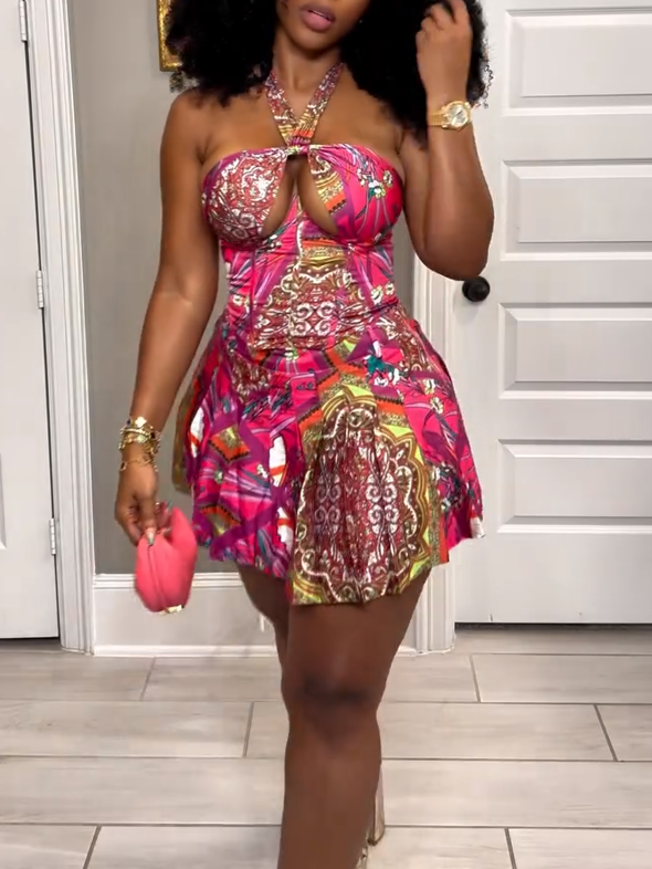 Neck Flower Skirt Suit