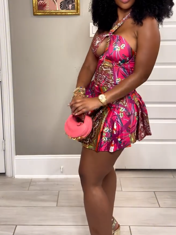 Neck Flower Skirt Suit