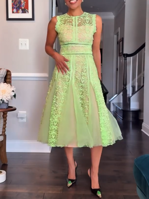 Green Sleeveless Lace Midi Dress
