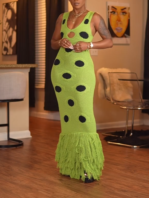 Black Dot Green Fringed Hip Skirt