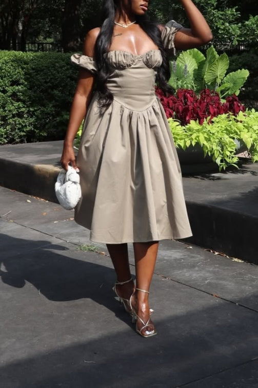 Grey Off-Shoulder Full-Circle Midi Dress