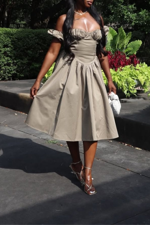 Grey Off-Shoulder Full-Circle Midi Dress