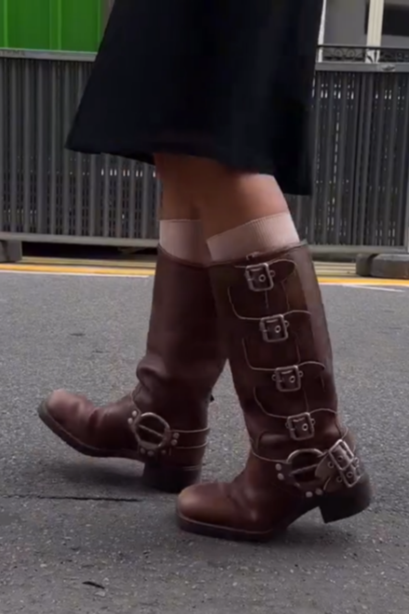 Brown Buckle Details Combat Boots