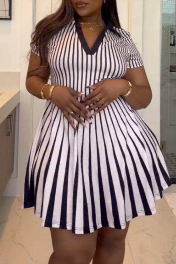 Black And White Striped Pleated Mini Dress