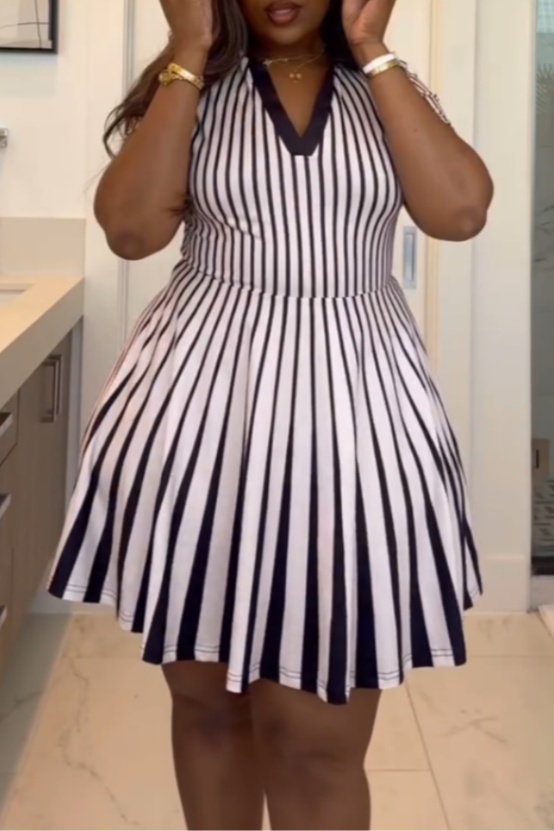 Black And White Striped Pleated Mini Dress