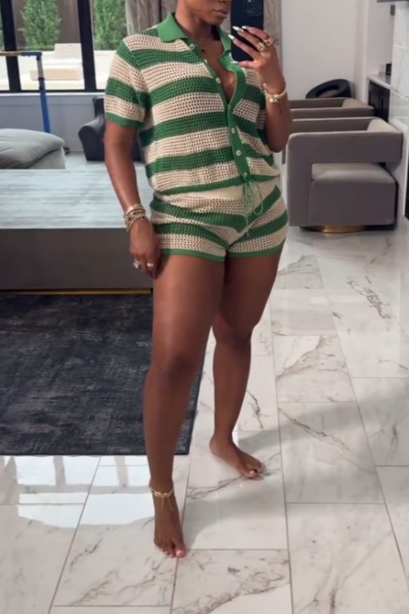 Green And Beige Striped Knitted Two-Piece Set