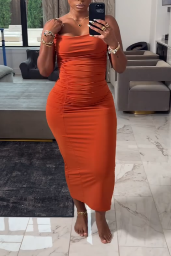 Orange Ruched Sleeveless Bodycon Midi Dress