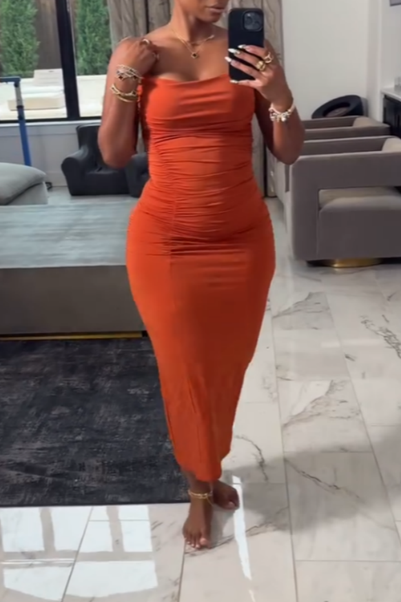 Orange Ruched Sleeveless Bodycon Midi Dress
