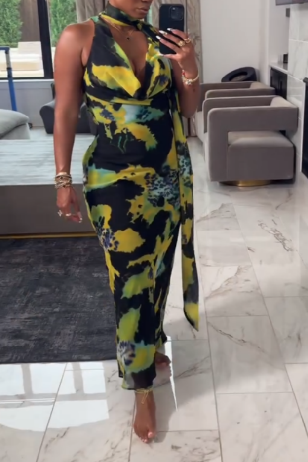 Abstract Pattern Sleeveless Tie-Front Midi Dress