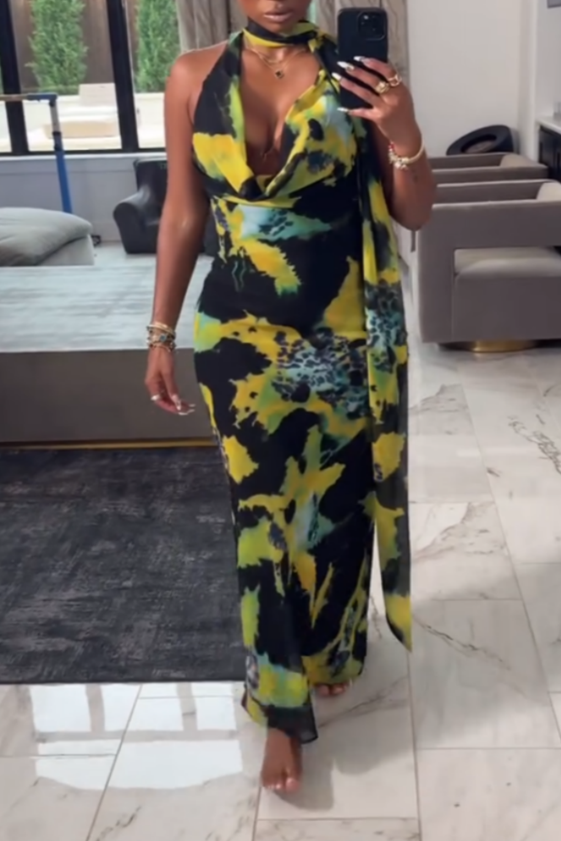 Abstract Pattern Sleeveless Tie-Front Midi Dress