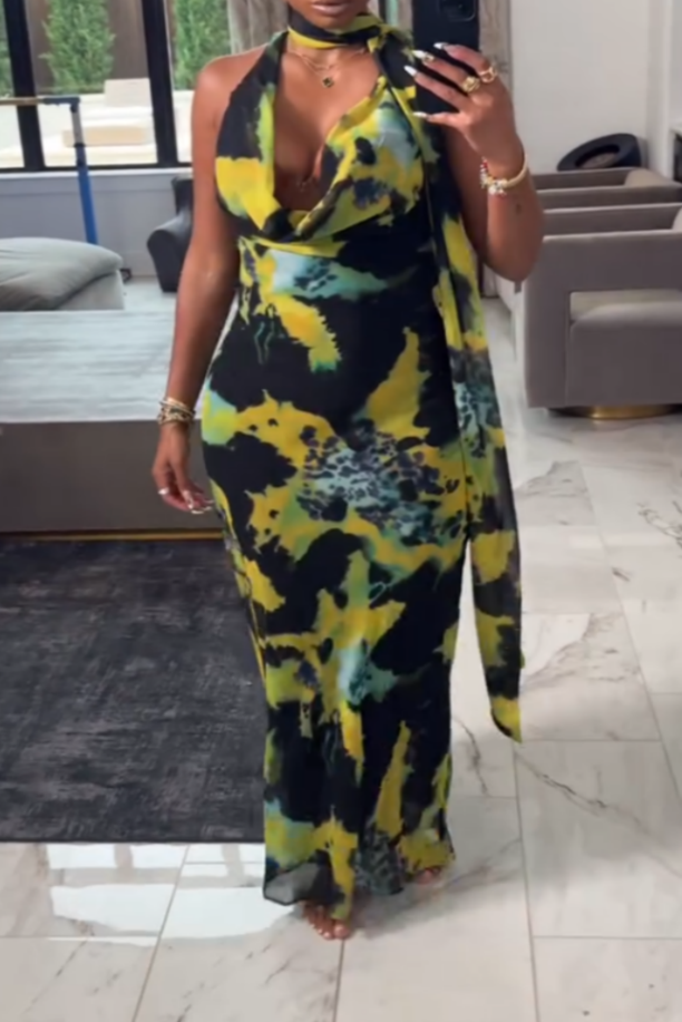 Abstract Pattern Sleeveless Tie-Front Midi Dress