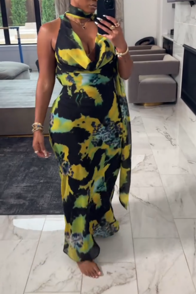 Abstract Pattern Sleeveless Tie-Front Midi Dress
