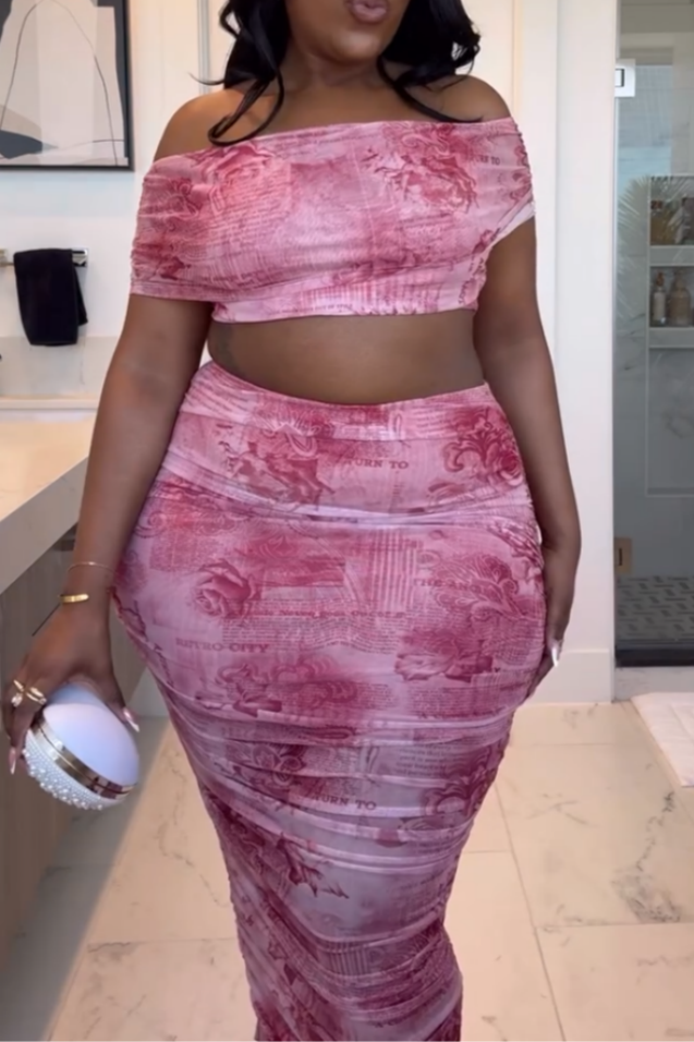 Elegant Pink Abstract Print Off-Shoulder Maxi Dress
