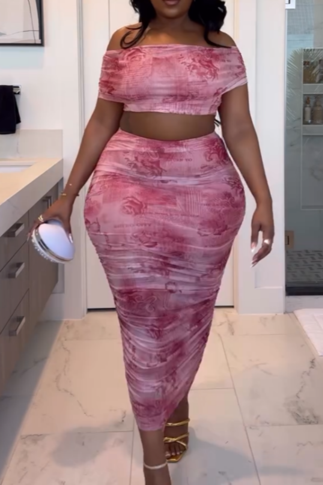 Elegant Pink Abstract Print Off-Shoulder Maxi Dress