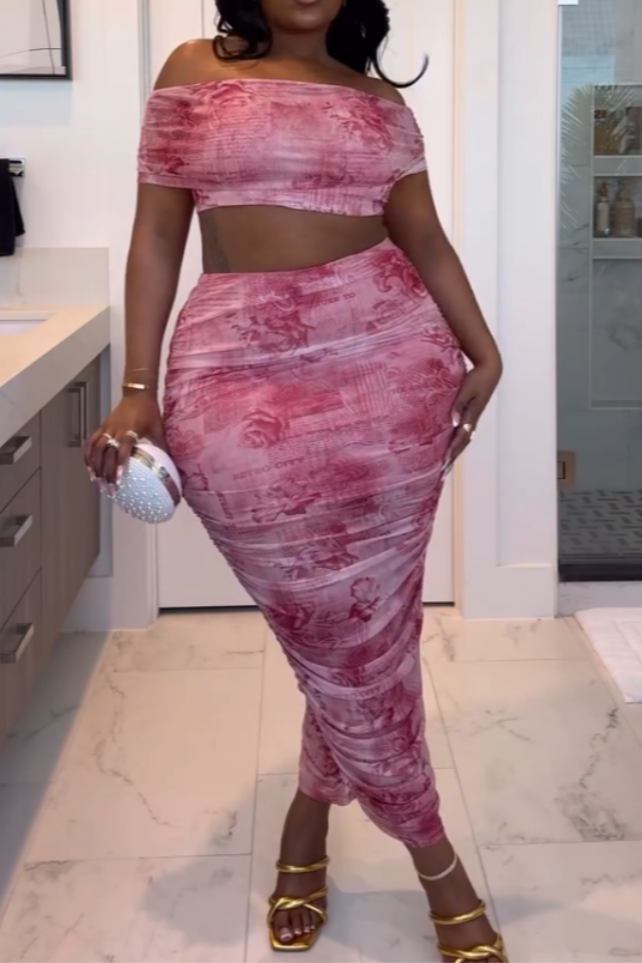 Elegant Pink Abstract Print Off-Shoulder Maxi Dress