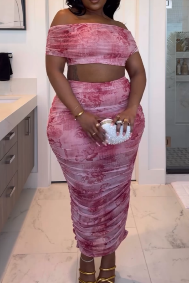 Elegant Pink Abstract Print Off-Shoulder Maxi Dress