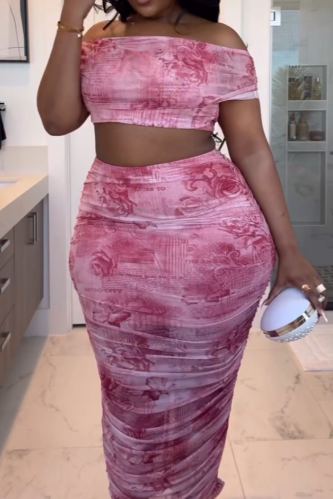 Elegant Pink Abstract Print Off-Shoulder Maxi Dress