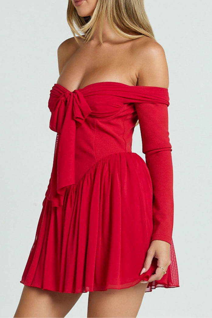 Red Off Shoulder Long Sleeve V Waist Bennett Mini Dress