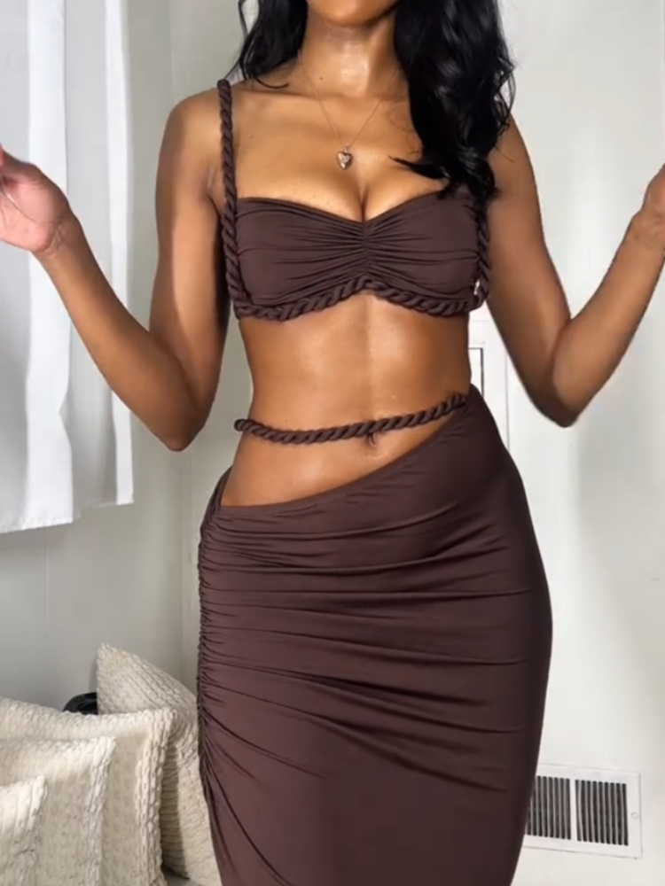 Chocolate Brown Ruched Two-piece Set
