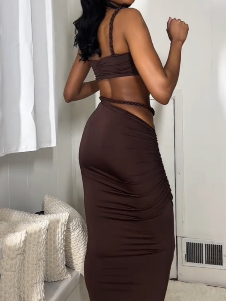 Chocolate Brown Ruched Two-piece Set