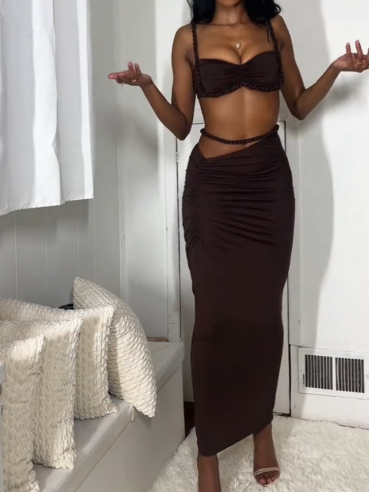 Chocolate Brown Ruched Two-piece Set