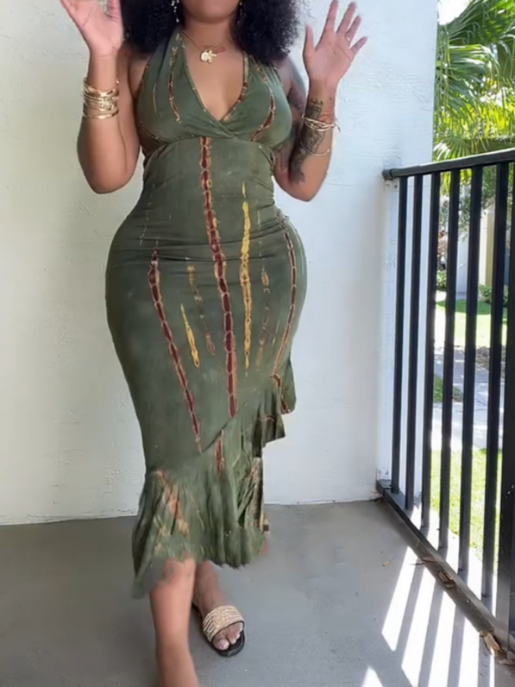 Elegant Sleeveless Green Tie-Dye Midi Dress