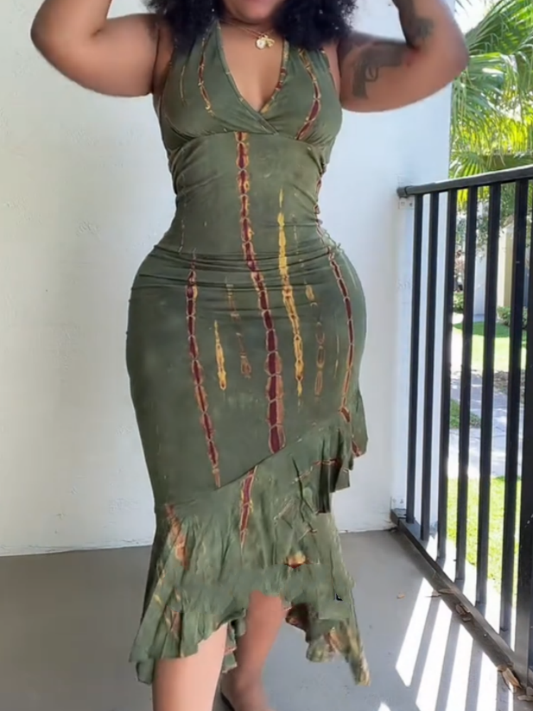 Elegant Sleeveless Green Tie-Dye Midi Dress