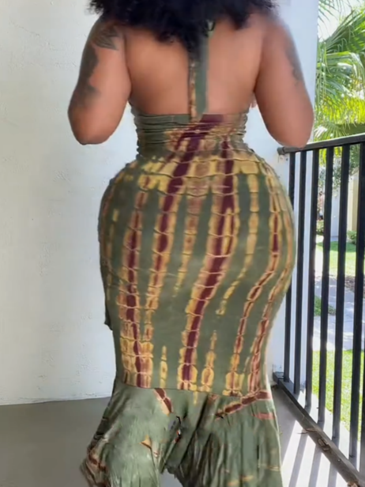 Elegant Sleeveless Green Tie-Dye Midi Dress