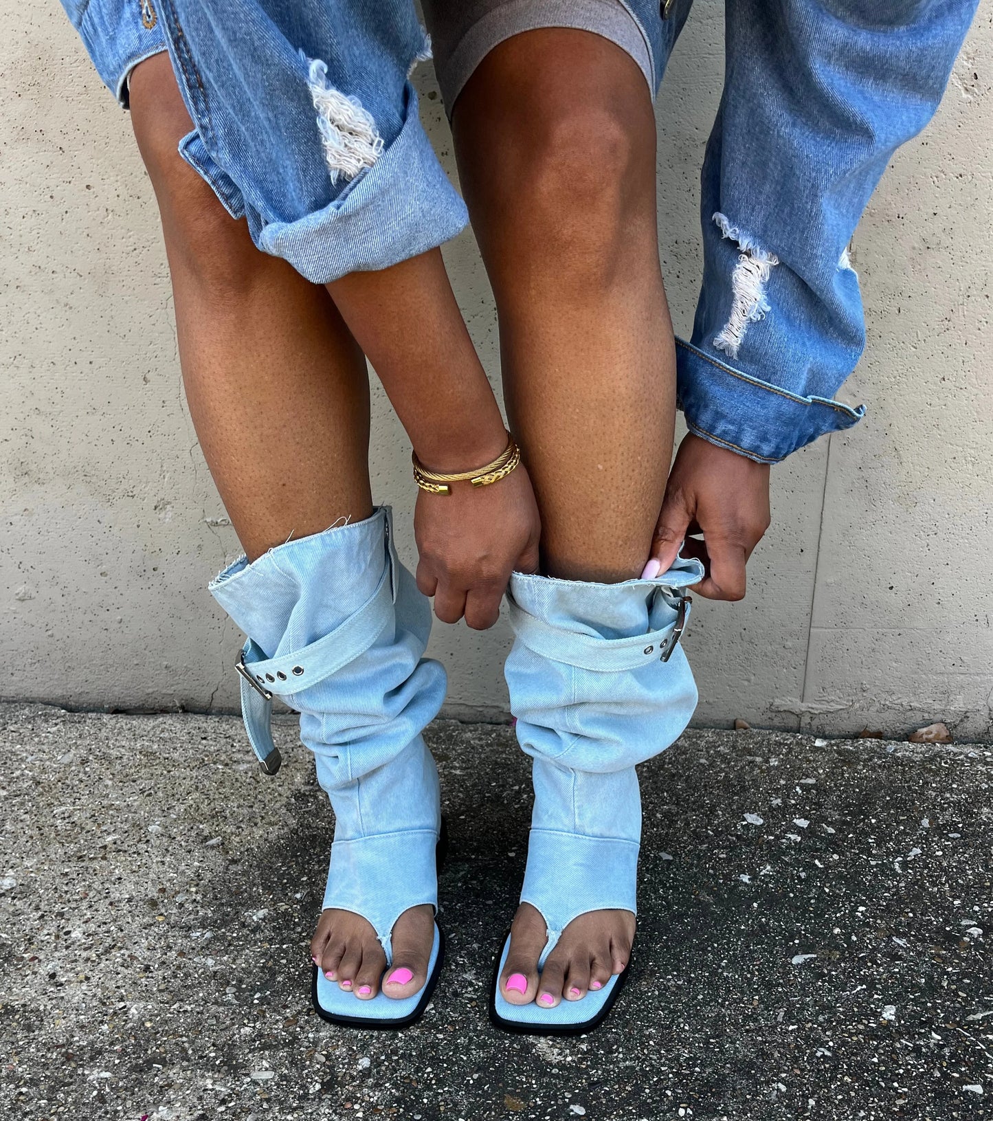 Blue Denim Toe Flat Booties