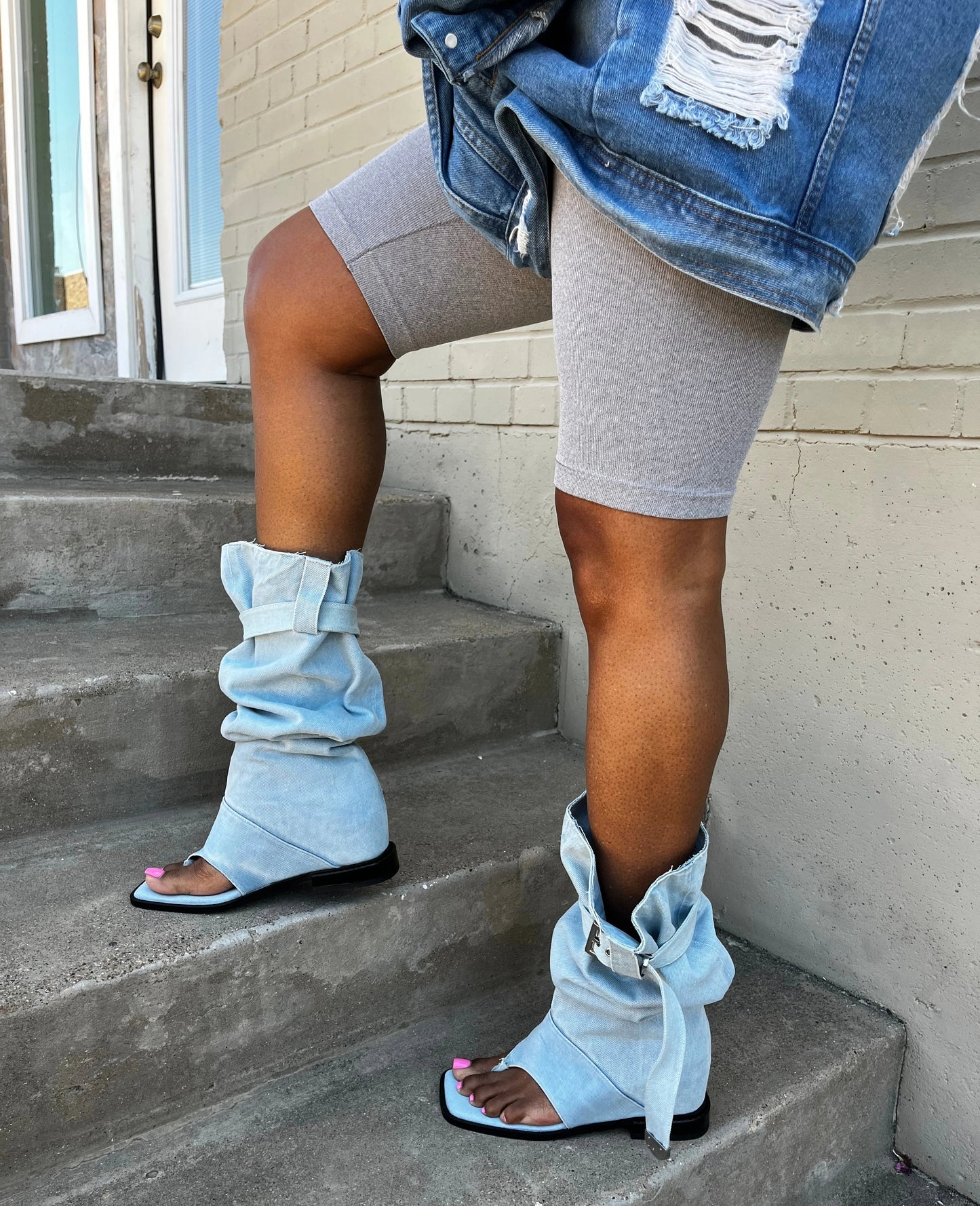 Blue Denim Toe Flat Booties