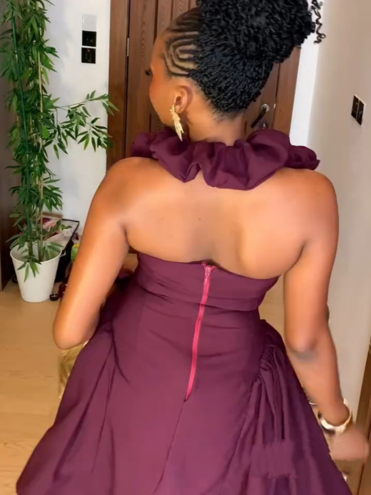 Dark Red Mini Dress With Ruffled Shoulder Details