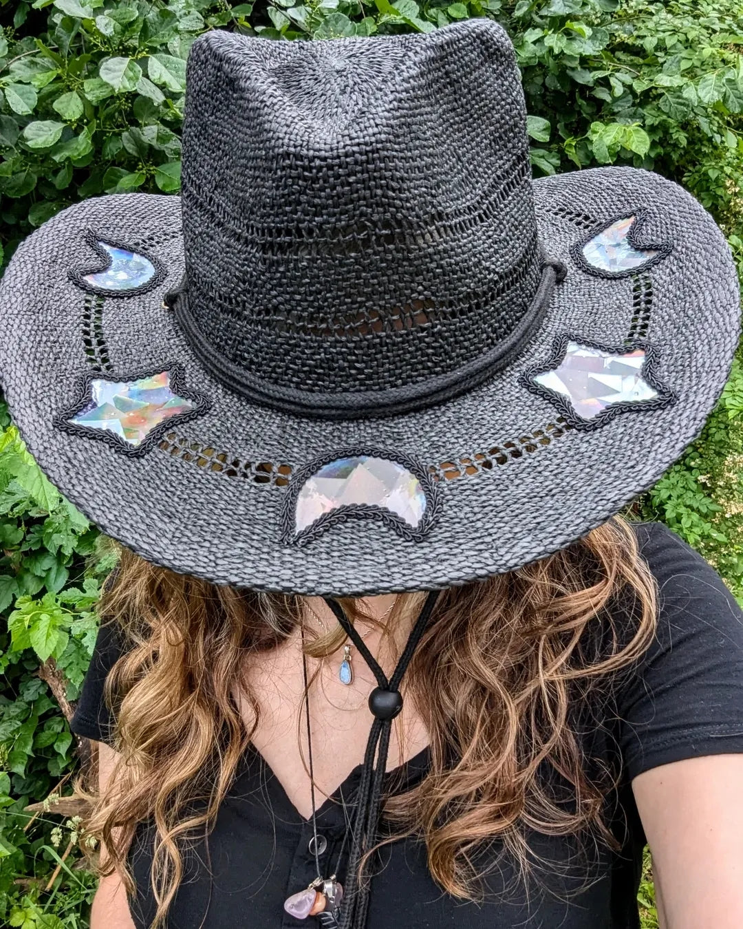 Black Straw Wide-Brim Hat With Star And Crescent Moon Mirrors
