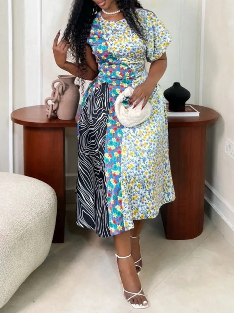 Colorful Patchwork Floral Midi Dress