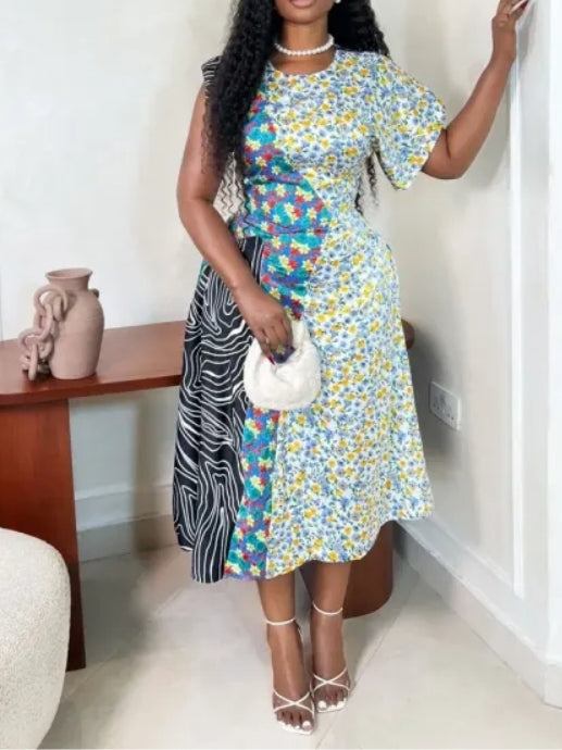 Colorful Patchwork Floral Midi Dress