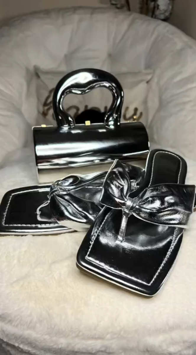 Silver Square-Toe Butterfly Embellished Sandals