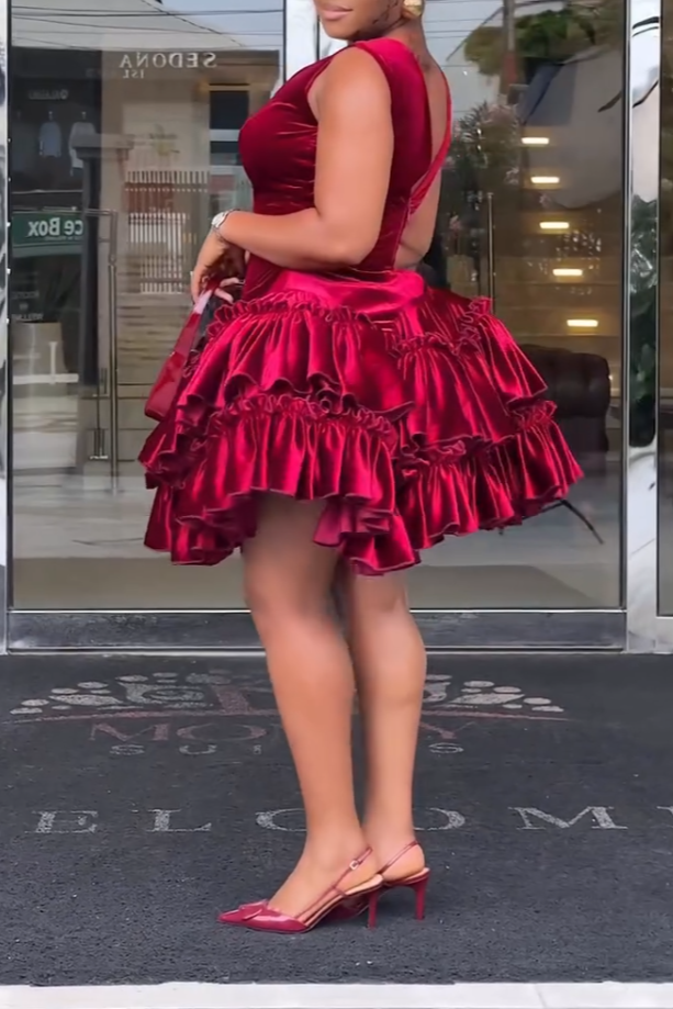 Vivid Red Satin Ruffled Tiered Mini Dress