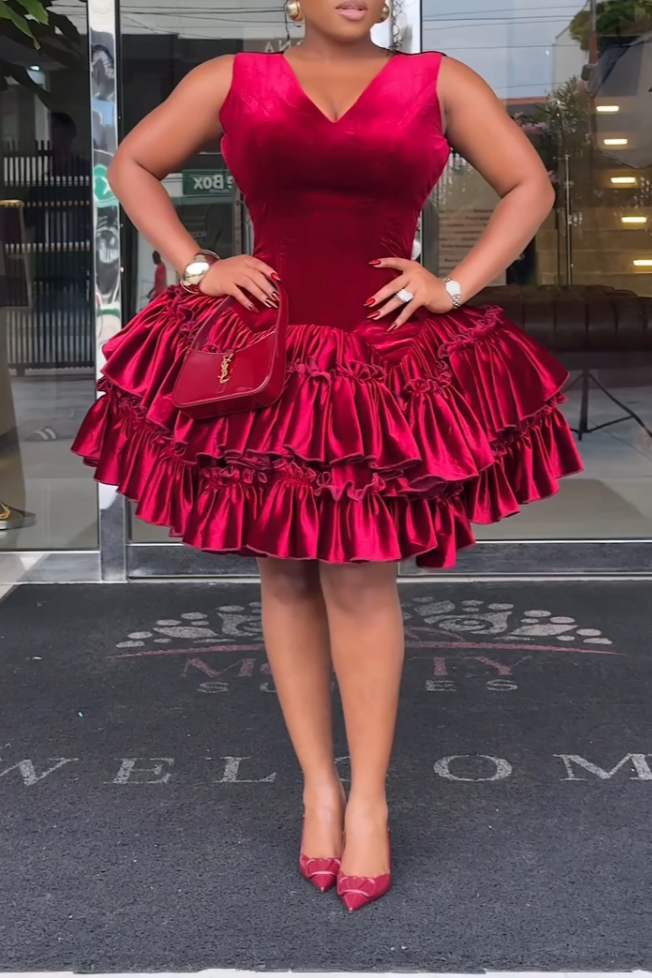 Vivid Red Satin Ruffled Tiered Mini Dress