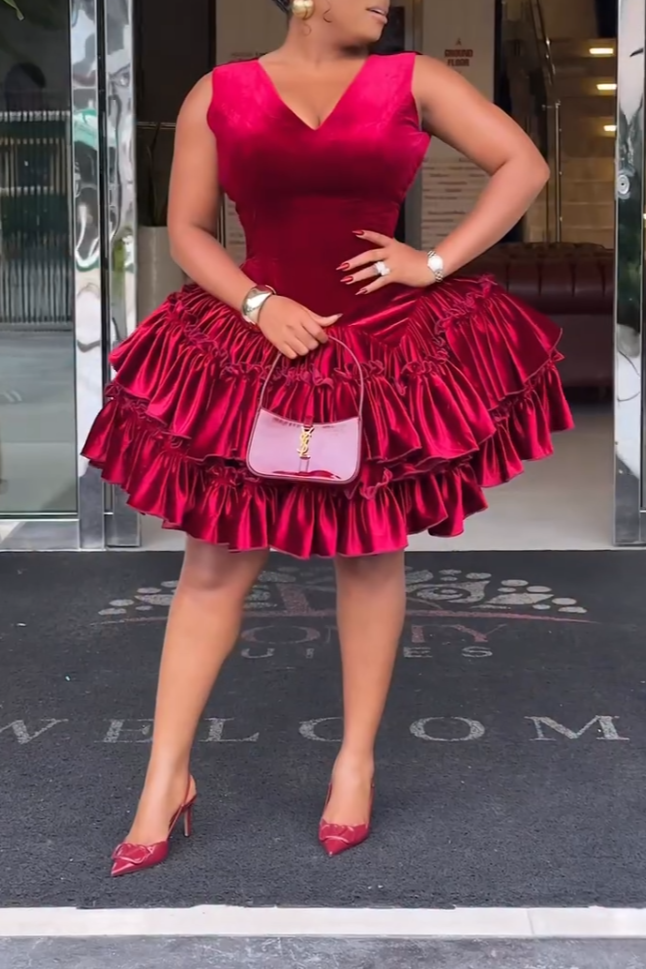 Vivid Red Satin Ruffled Tiered Mini Dress