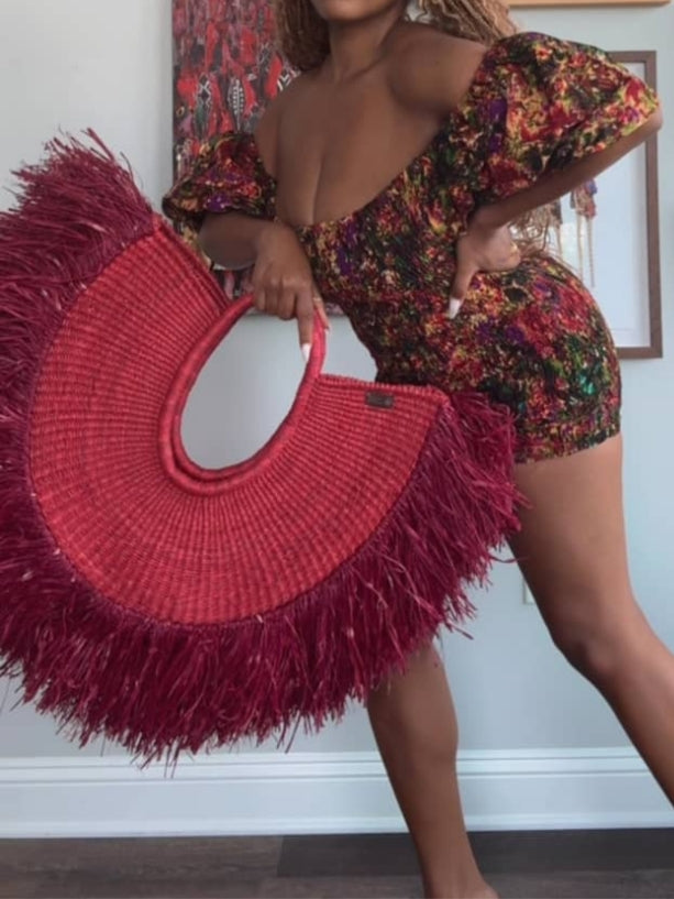 Red Feather-Trim Beaded Handbag