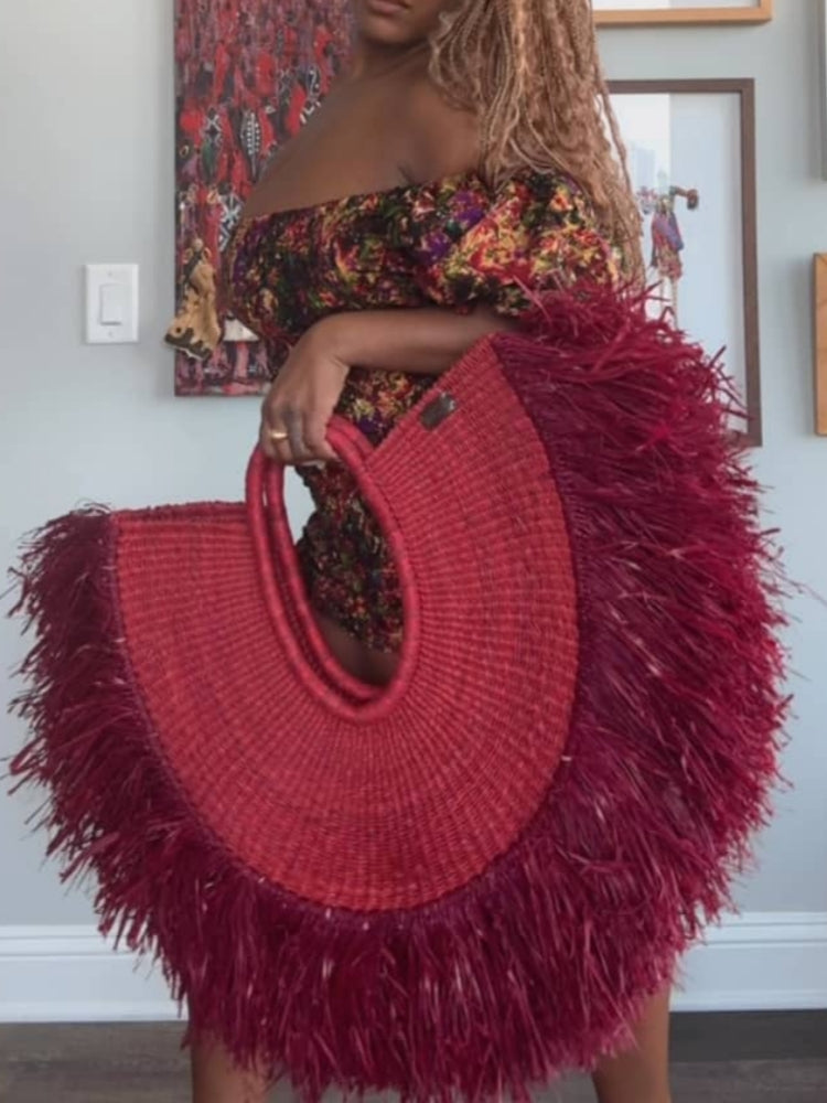 Red Feather-Trim Beaded Handbag