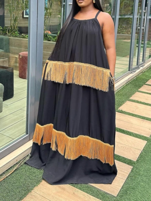 Black Maxi Dress With Gold Fringe Trim