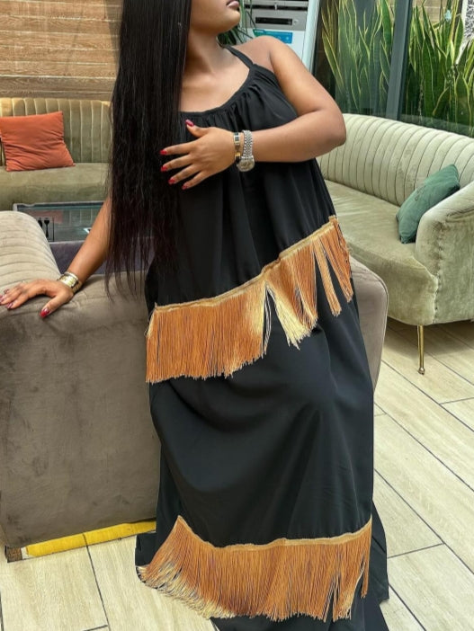 Black Maxi Dress With Gold Fringe Trim