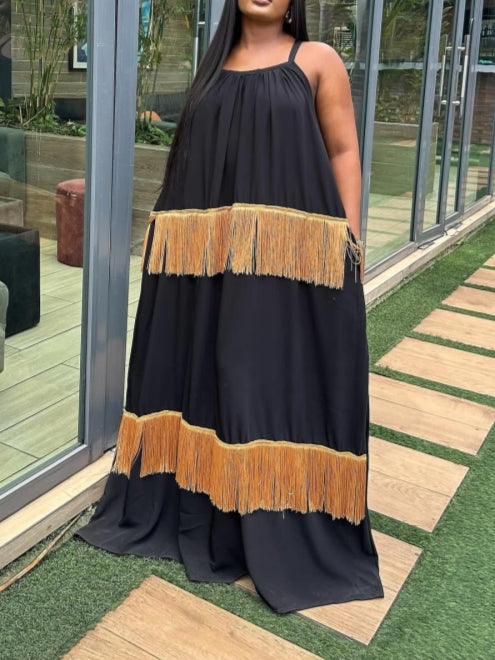 Black Maxi Dress With Gold Fringe Trim
