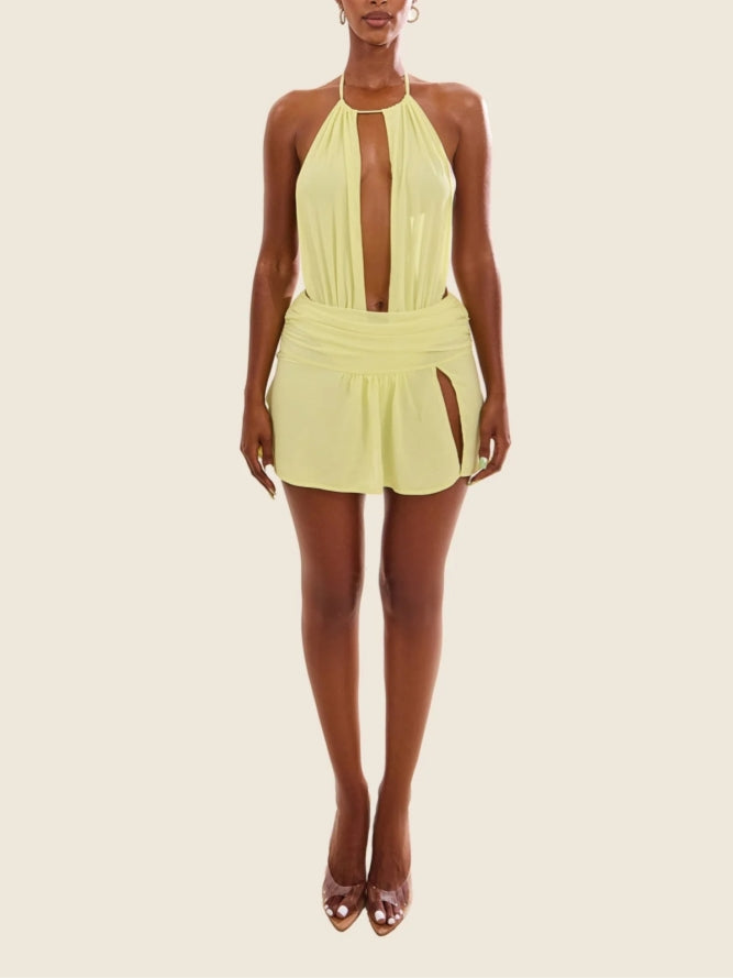Yellow Halter Neck Cut-Out Mini Dress