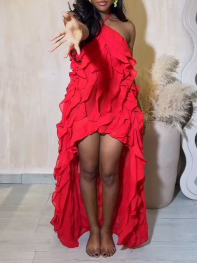 Bright Red Ruffled High-Low Gown