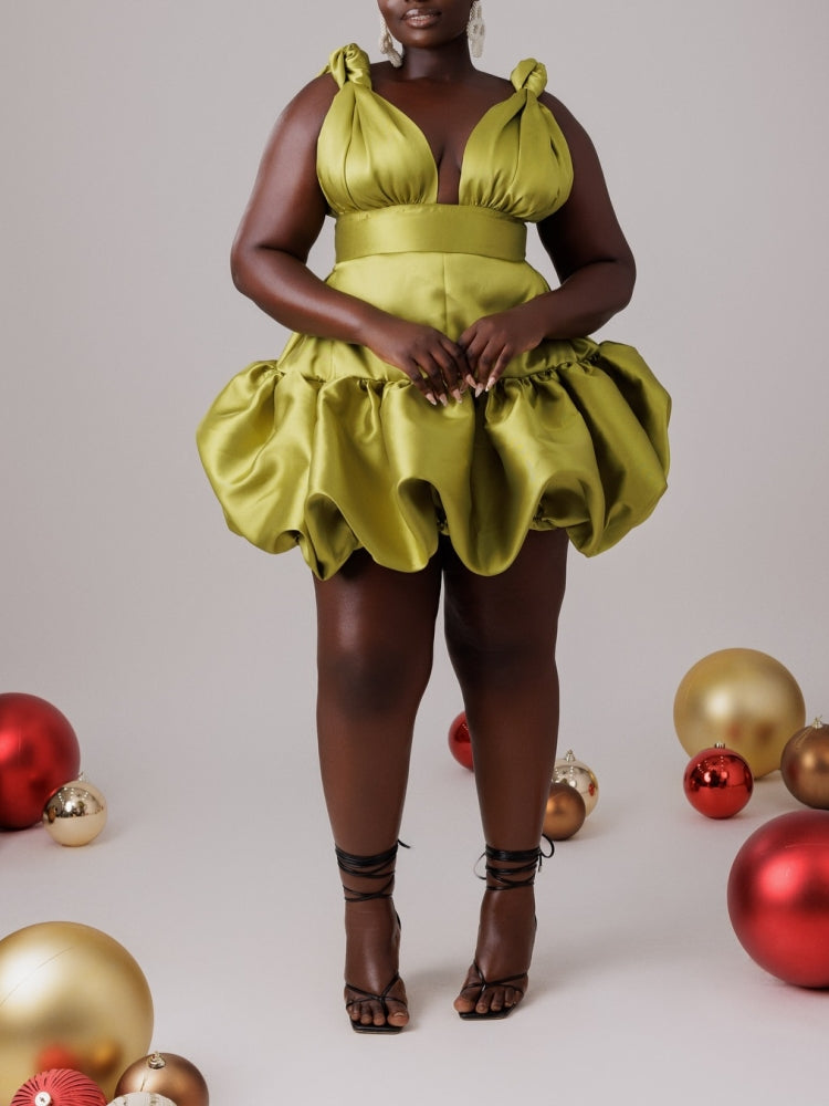 Vivid Lime Green Satin Puff Sleeve Mini Dress